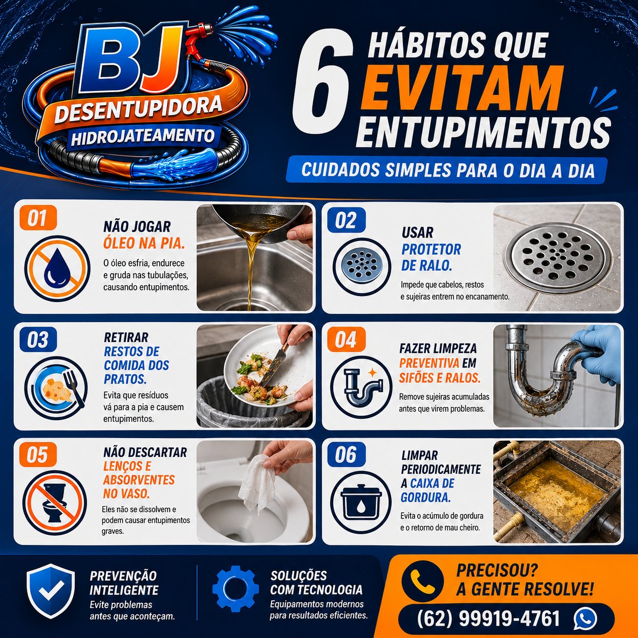 6 hábitos que evitam entupimentos, segundo a BJ: não jogar óleo na pia, usar protetor de ralo, retirar restos de comida dos pratos, fazer limpeza preventiva em sifões e ralos, não descartar lenços e absorventes no vaso e limpar periodicamente a caixa de gordura.